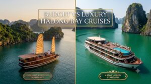 Budget vs luxury Halong Bay cruises comparison showing a luxury cruise ship sailing among limestone karsts.