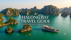 Halong Bay travel guide cover image featuring luxury cruises sailing around iconic limestone karsts and emerald water.