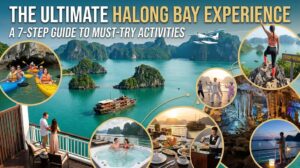 A traveler kayaking through green emerald water surrounded by limestone cliffs in Halong Bay.