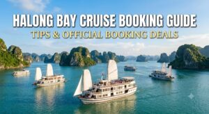 A complete booking guide for Halong Bay cruises showing official reservation tips and luxury cruise ships.