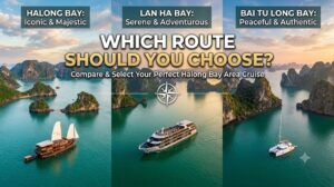A side-by-side scenic view comparing limestone islets in Halong Bay and quiet waters of Lan Ha Bay.