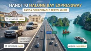 A luxury limousine shuttle van driving on the highway transfer route from Hanoi to Halong Bay.