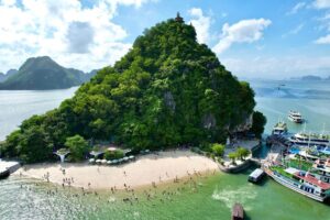 Panoramic view of Titop Island beach and peak in Halong Bay