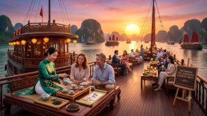 A traveler enjoying a cup of traditional Vietnamese tea on a luxury cruise sundeck at sunset in Halong Bay.